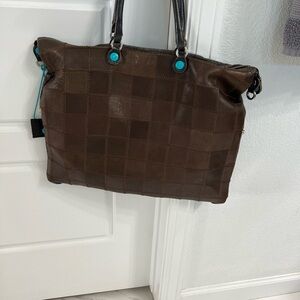 Gabs Genuine Leather Brown and Turquoise Tote Bag
